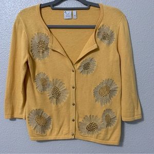 J Jill Yellow Floral Knit Cardigan